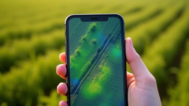 Larawan ng satellite view ng isang farm na may drone imagery overlay para sa pagsusuri