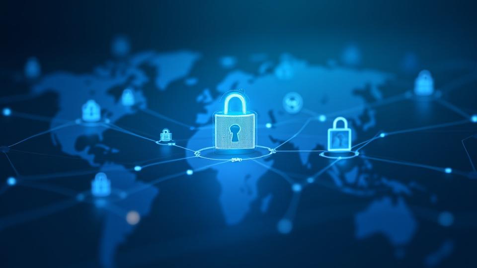 Abstract illustration of data security and privacy, showing interconnected digital locks and secure networks over a map outline, symbolizing Sulong Tracks' commitment to protecting user information.